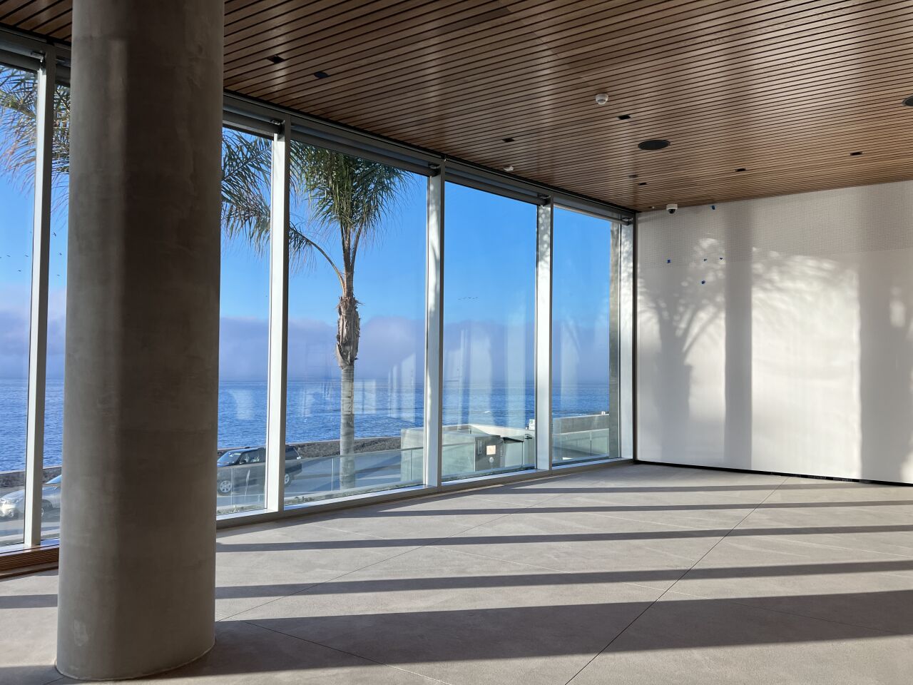 Jacobs Hall, facing the ocean, features oak ceilings and acoustical drywall for events.