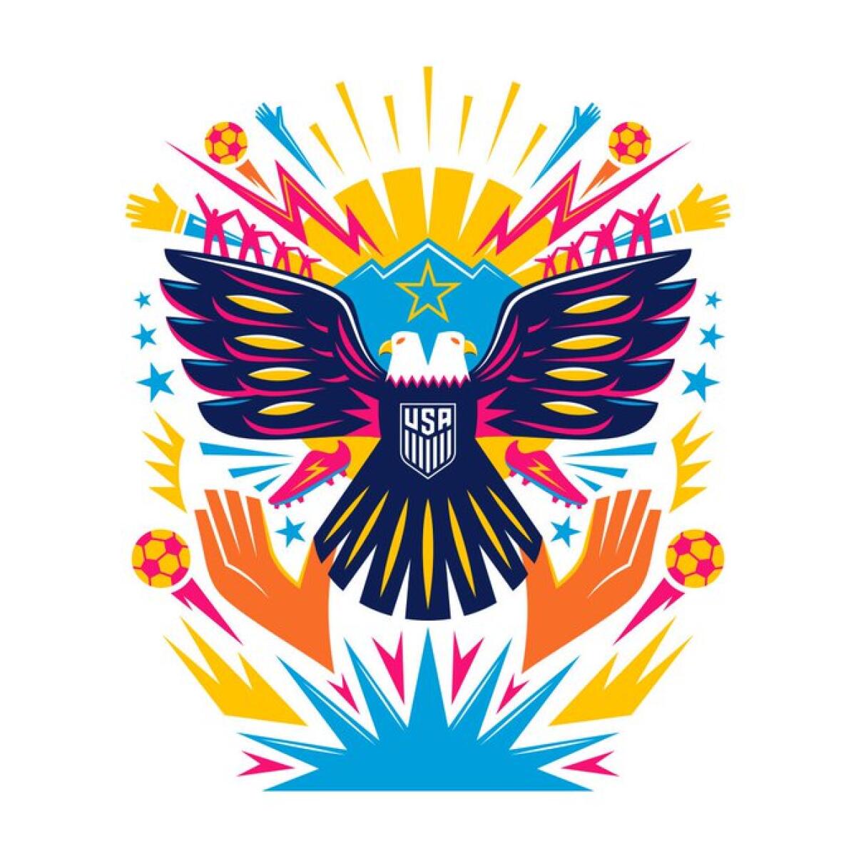 A bright graphic shows a double headed eagle framed by hands, soccer balls and cheering fans.
