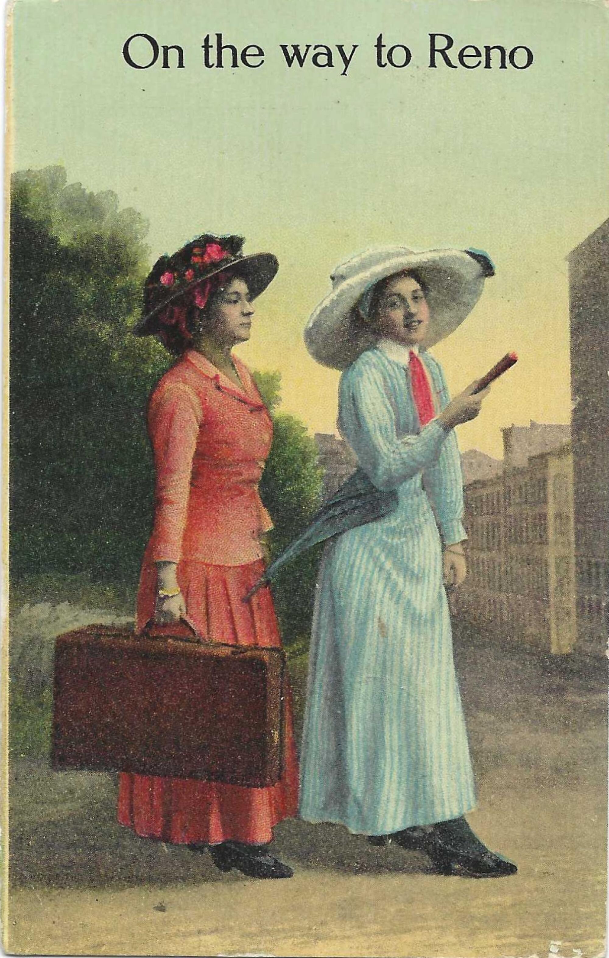 Two women, one in red and one in blue, appear ready to leave town. Text: "On the way to Reno"