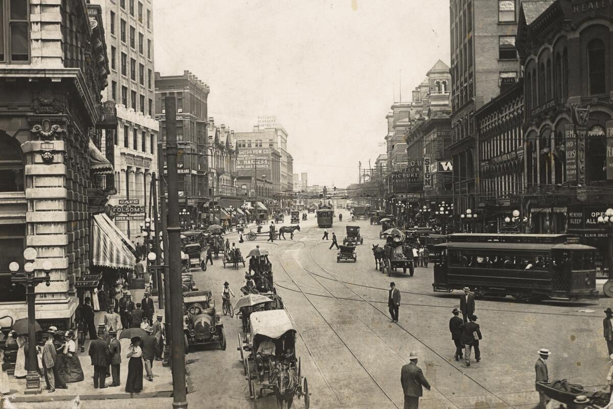 View of Marietta Street, looking west from the Five Points area in downtown Atlanta in 1906. 