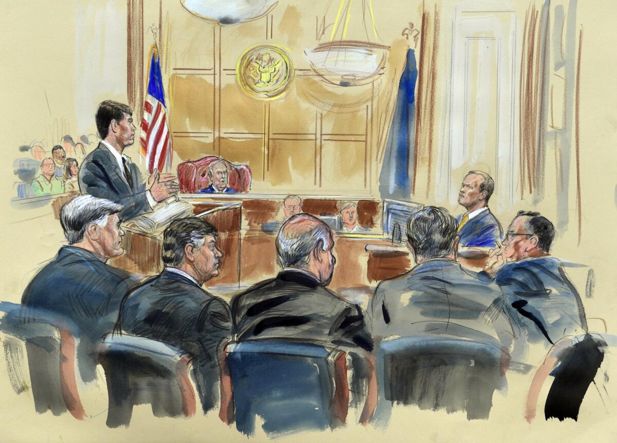 A courtroom sketch depicts Richard Gates, right, answering questions from prosecutor Greg Andres on Monday.