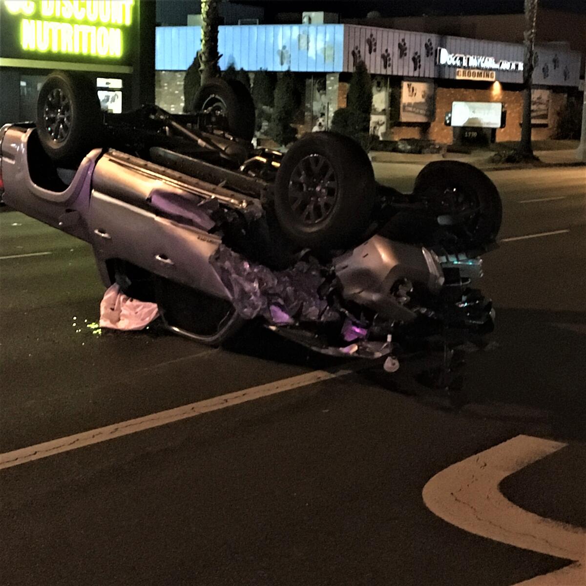 A vehicle rollover on Costa Mesa's Newport Boulevard Feb. 21, 2021