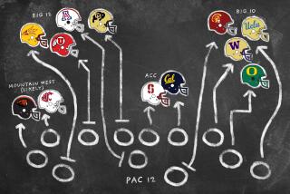 Illustration of a football play diagram with PAC12 helmets separating to other conferences