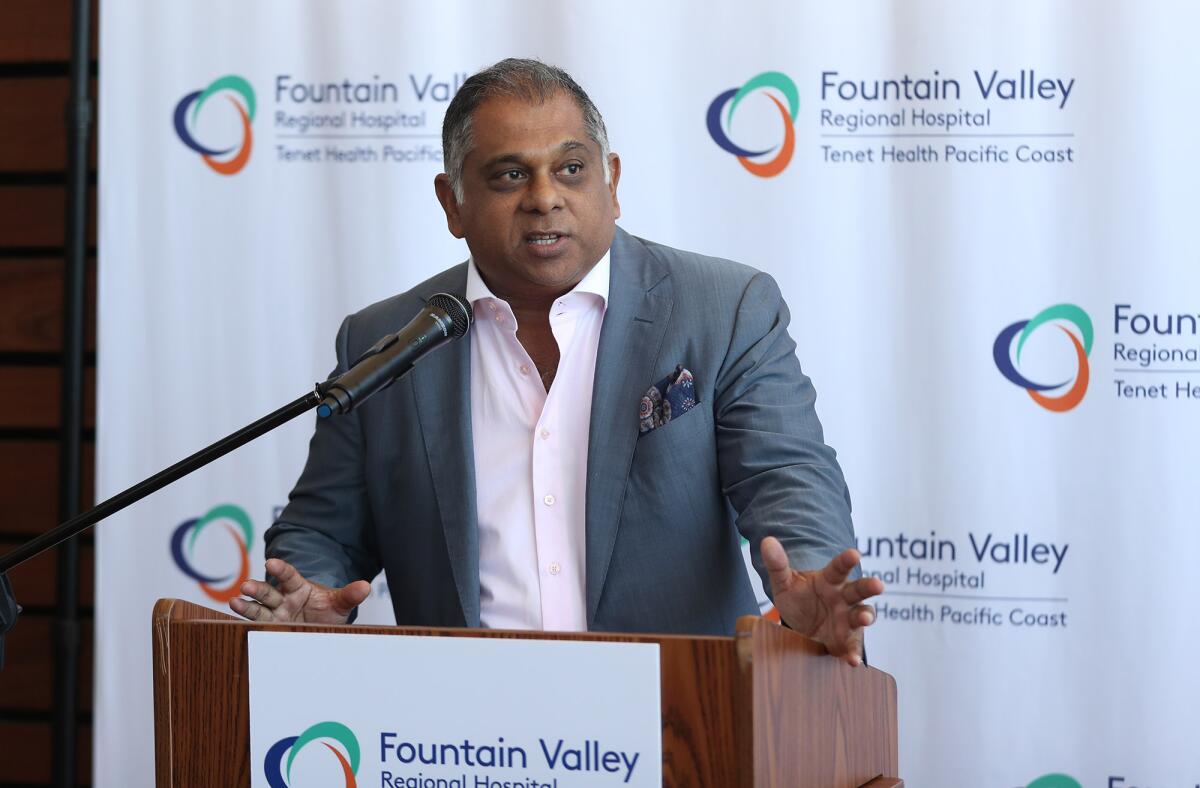 Fountain Valley Regional Hospital Chief of Staff Reginald Abraham, M.D. makes comments during a ribbon-cutting ceremony.