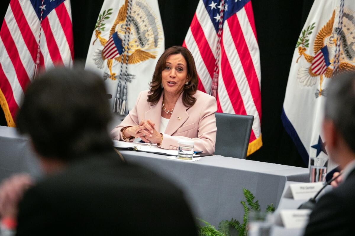 Vice President Kamala Harris hosts a roundtable discussion on Tuesday.