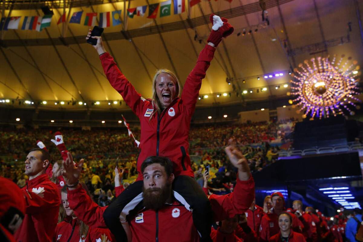 Canada's athletes march during the closing ceremony of the Rio 2016 Olympic Games at the Maracana stadium in Rio de Janeiro on August 21, 2016. / AFP PHOTO / Odd ANDERSENODD ANDERSEN/AFP/Getty Images ** OUTS - ELSENT, FPG, CM - OUTS * NM, PH, VA if sourced by CT, LA or MoD **