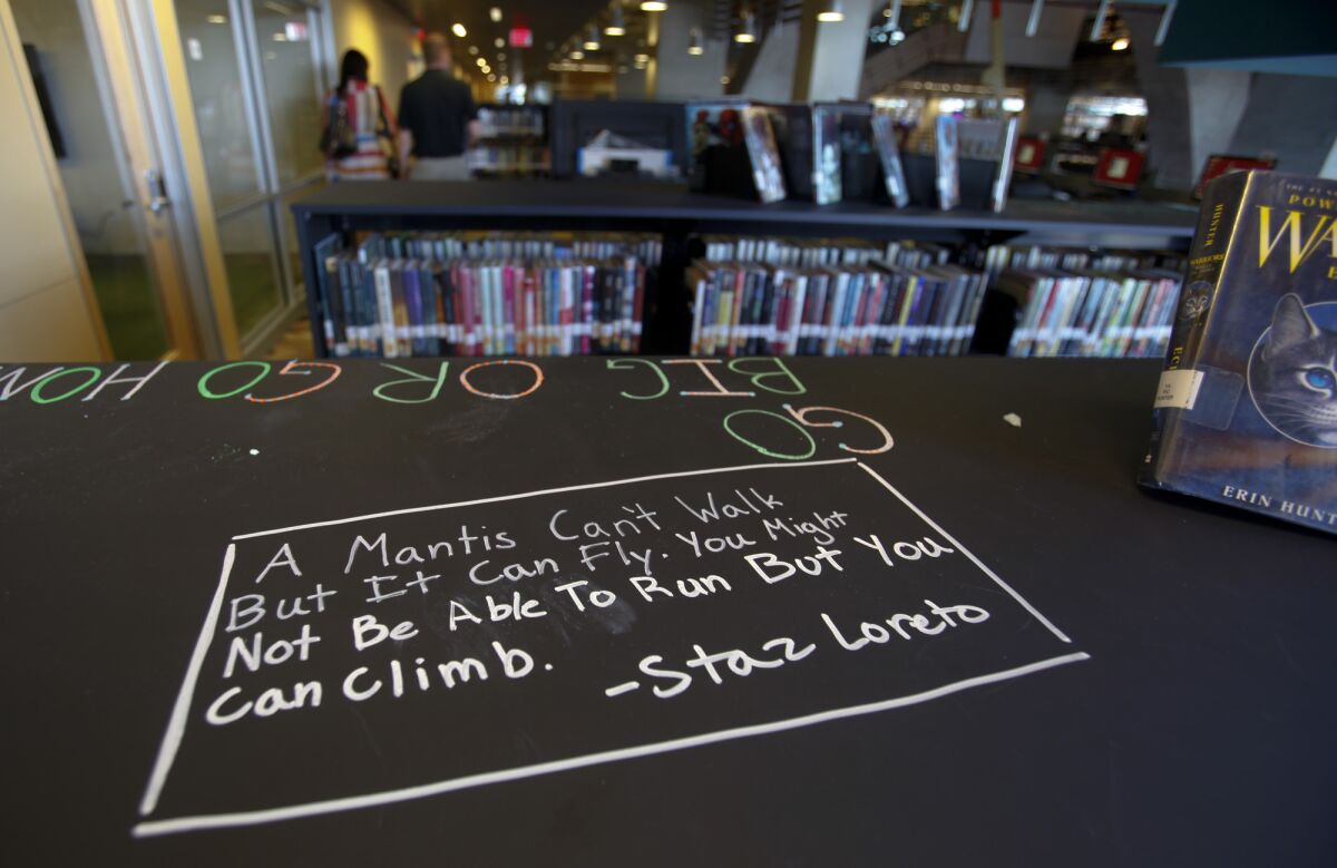 Besides bean-bag chairs and a snack area, the library's teen center features bookshelves faced with chalkboard material, awaiting chalked contributions.