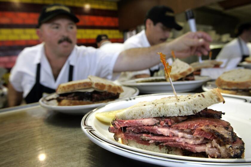 A pastrami sandwich on rye bread is served up at Langer's Deli in Los Angeles.