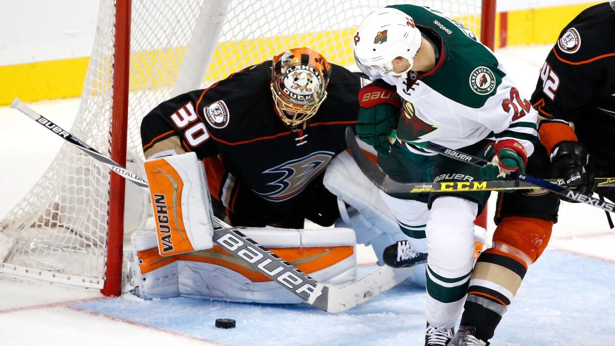 Anton Khudobin, stopping a shot earlier this season against the Wild, has been recalled by the Ducks.
