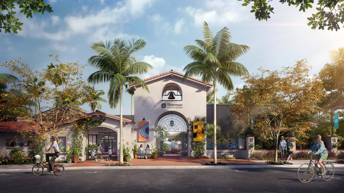 An artist's rendering of the "bell tower" entrance to Sherman Library & Gardens.