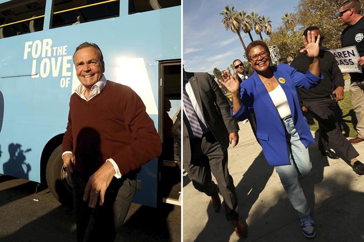 Separate photos of Rick Caruso, left, and Karen Bass, right, at campaign events.