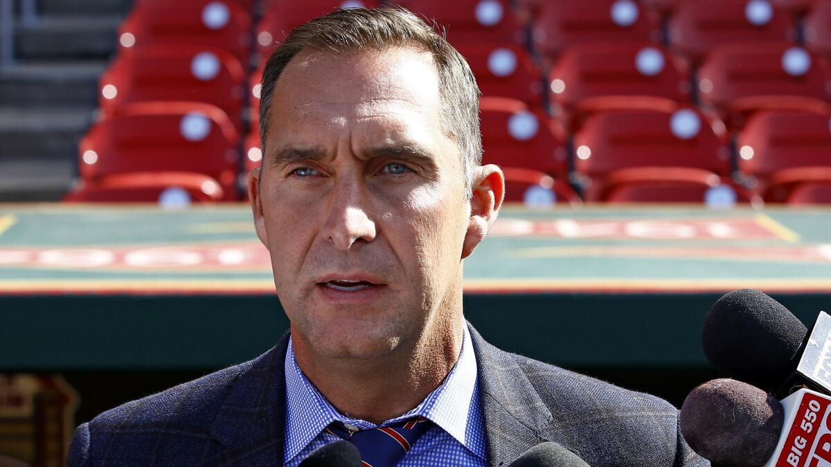 Cardinals General Manager John Mozeliak addresses the media on April 27, 2015, before a game against the Phillies. The Cardinals fired scouting director Chris Correa on Thursday.