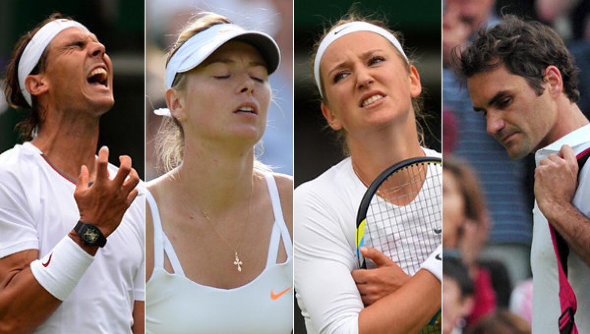 Many of the biggest names in tennis, including (from left to right) Rafael Nadal, Maria Sharapova, Victoria Azarenka and Roger Federer, will not be taking part in the round of 16 at Wimbledon on Monday.