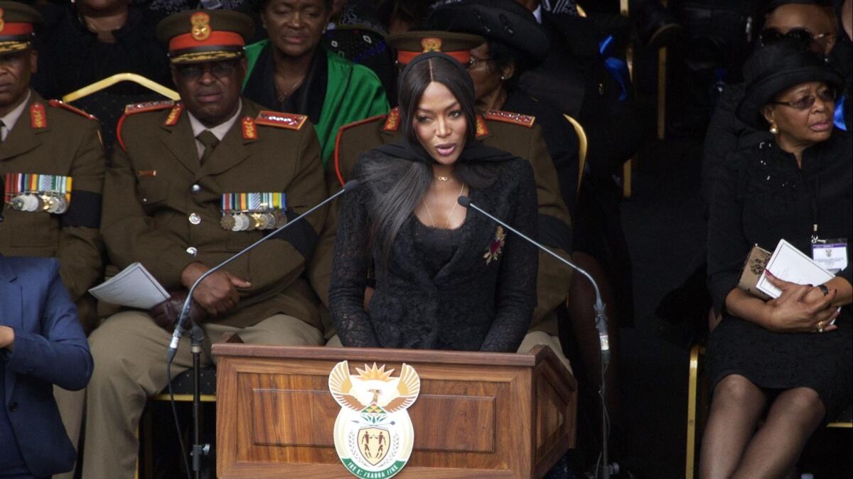 British supermodel Naomi Campbell fought back tears as she paid tribute to Winnie Madikizela-Mandela during her funeral ceremony at Soweto's Orlando stadium Saturday.