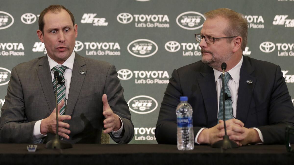 New York Jets coach Adam Gase, left, and general manager Mike Maccagnan during a news conference Jan. 14 in Florham Park, N.J. The Jets announced Wednesday that Maccagnan had been fired and Gase will be taking his place on an interim basis.