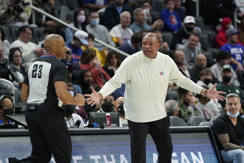 Philadelphia 76ers coach Doc Rivers looks toward a referee during a game against the Detroit Pistons on Thursday.