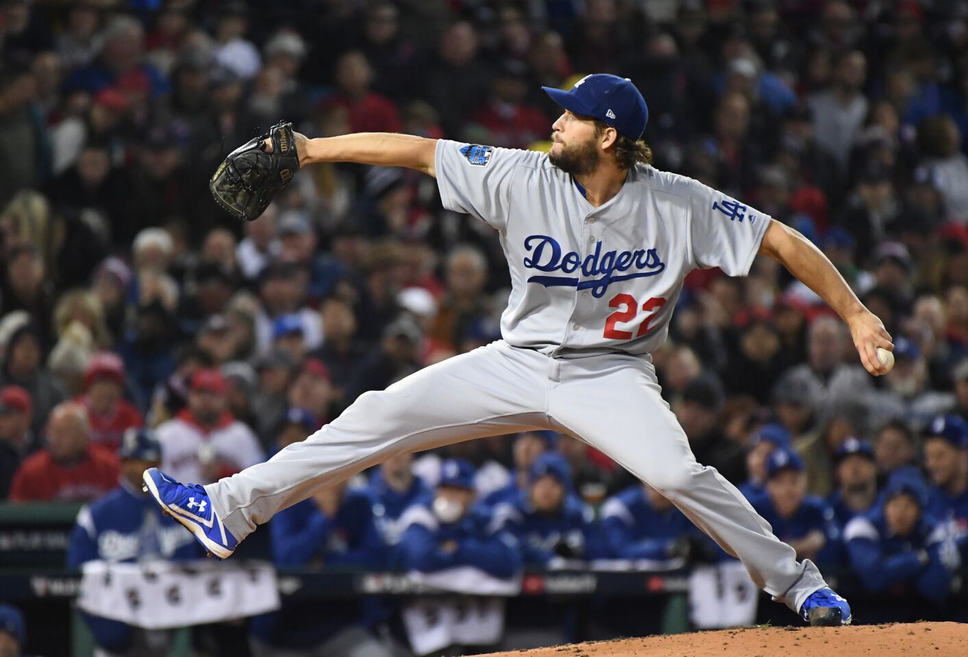 Dodgers starting pitcher Clayton Kershaw throws in the first inning.