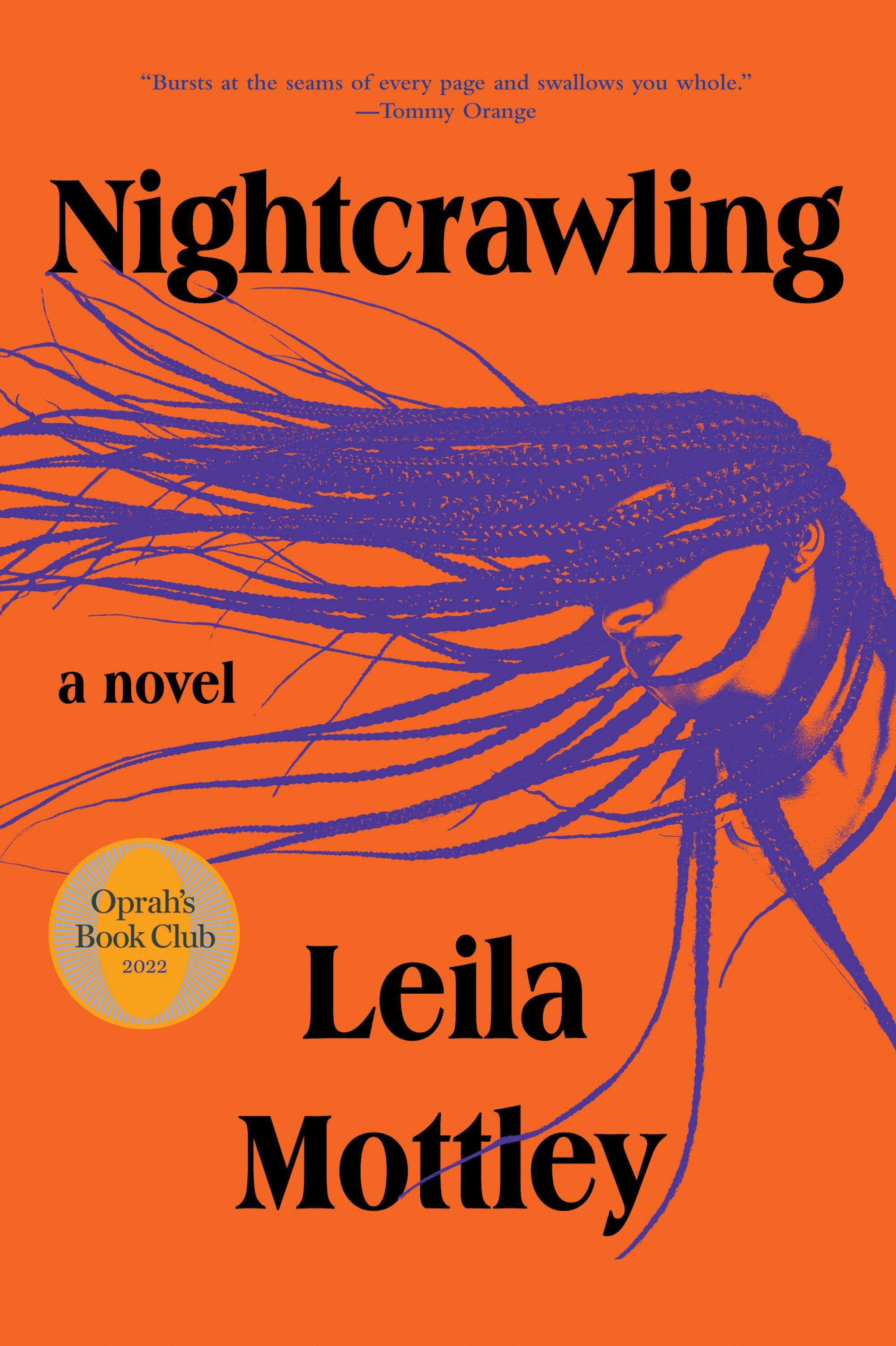 silhouette of head with long purple braids on red background on cover of 'Nightcrawling,' by Leila Mottley
