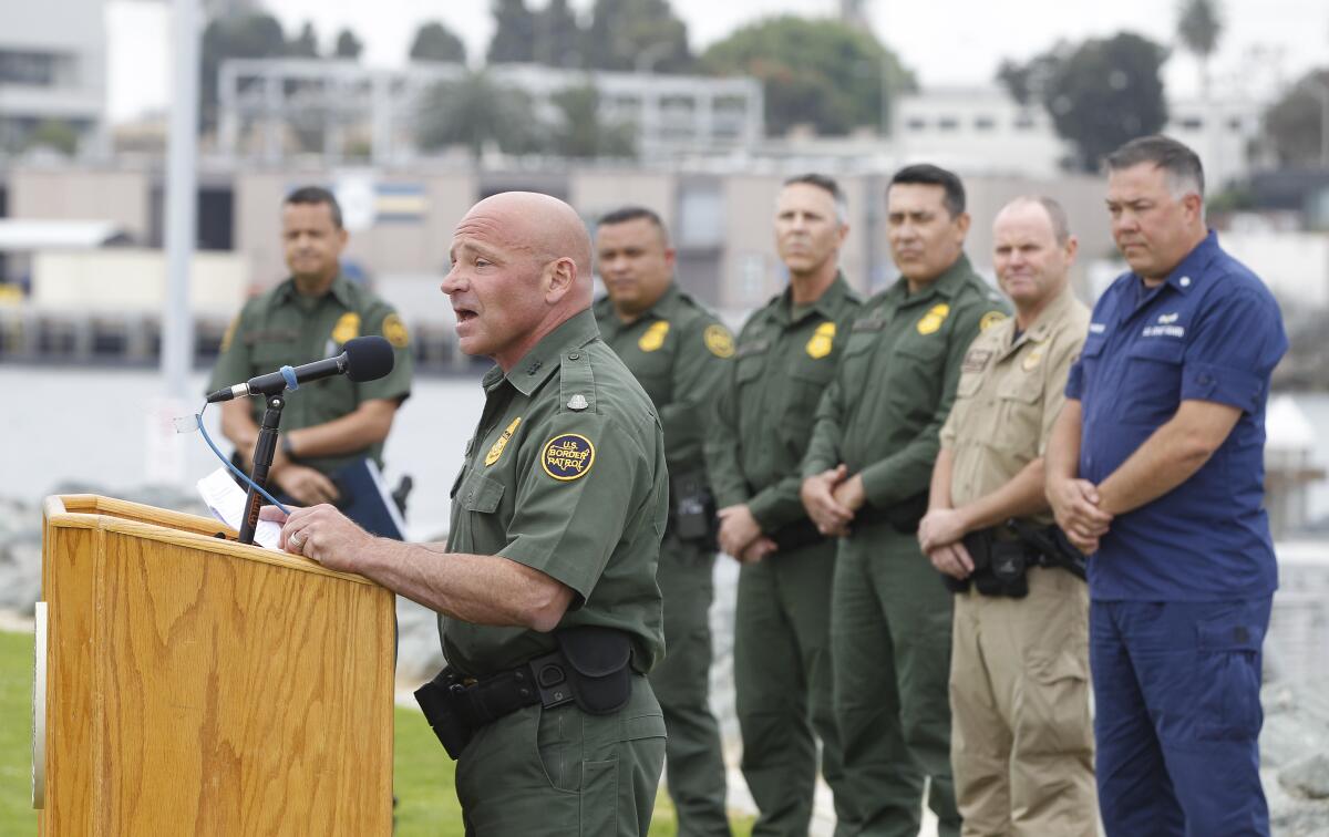 Aaron Heitke, chief patrol agent for the Border Patrol in San Diegor, announces the agency's new San Diego Marine Unit.