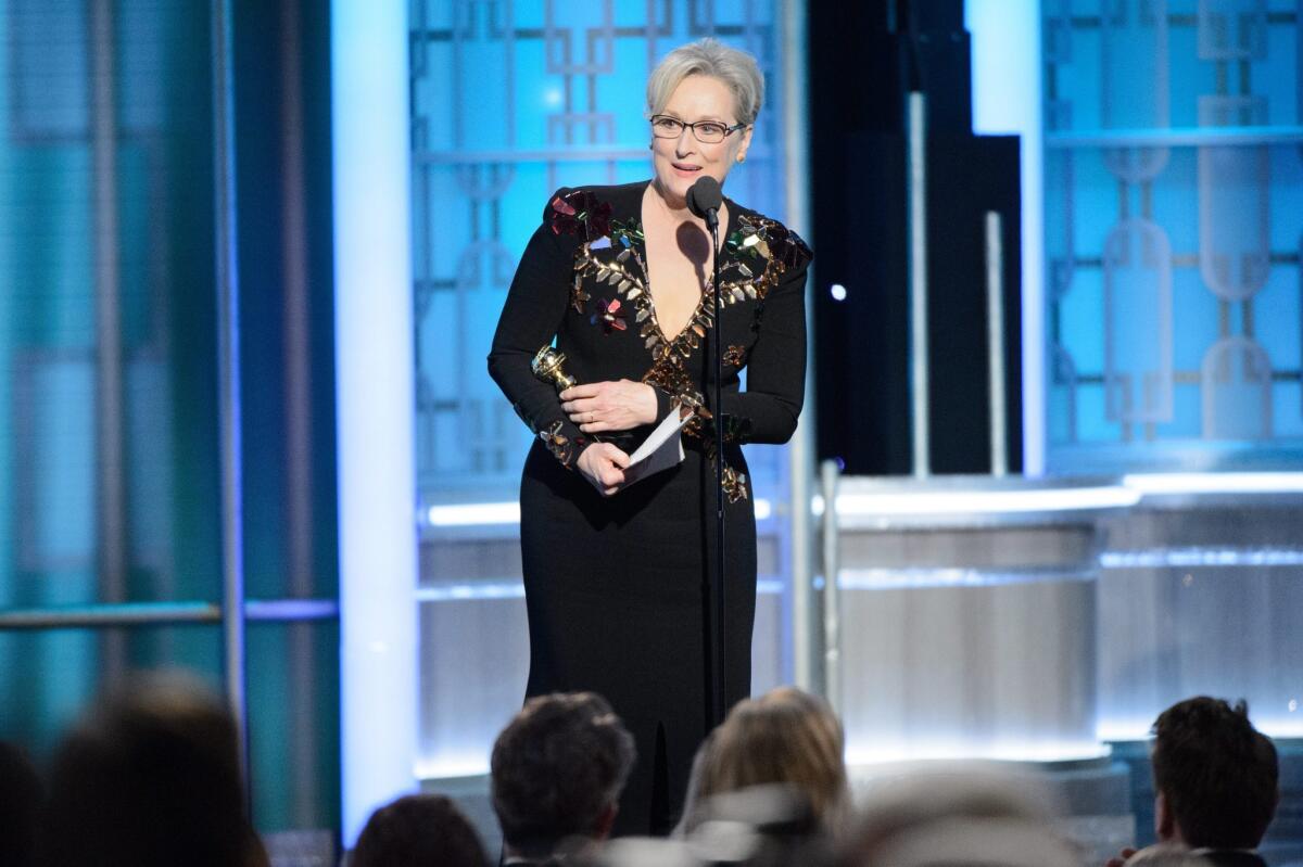 Meryl Streep accepts the Cecil B. DeMille Lifetime Achievement Award at the 74th Golden Globe Awards ceremony on Jan. 8.