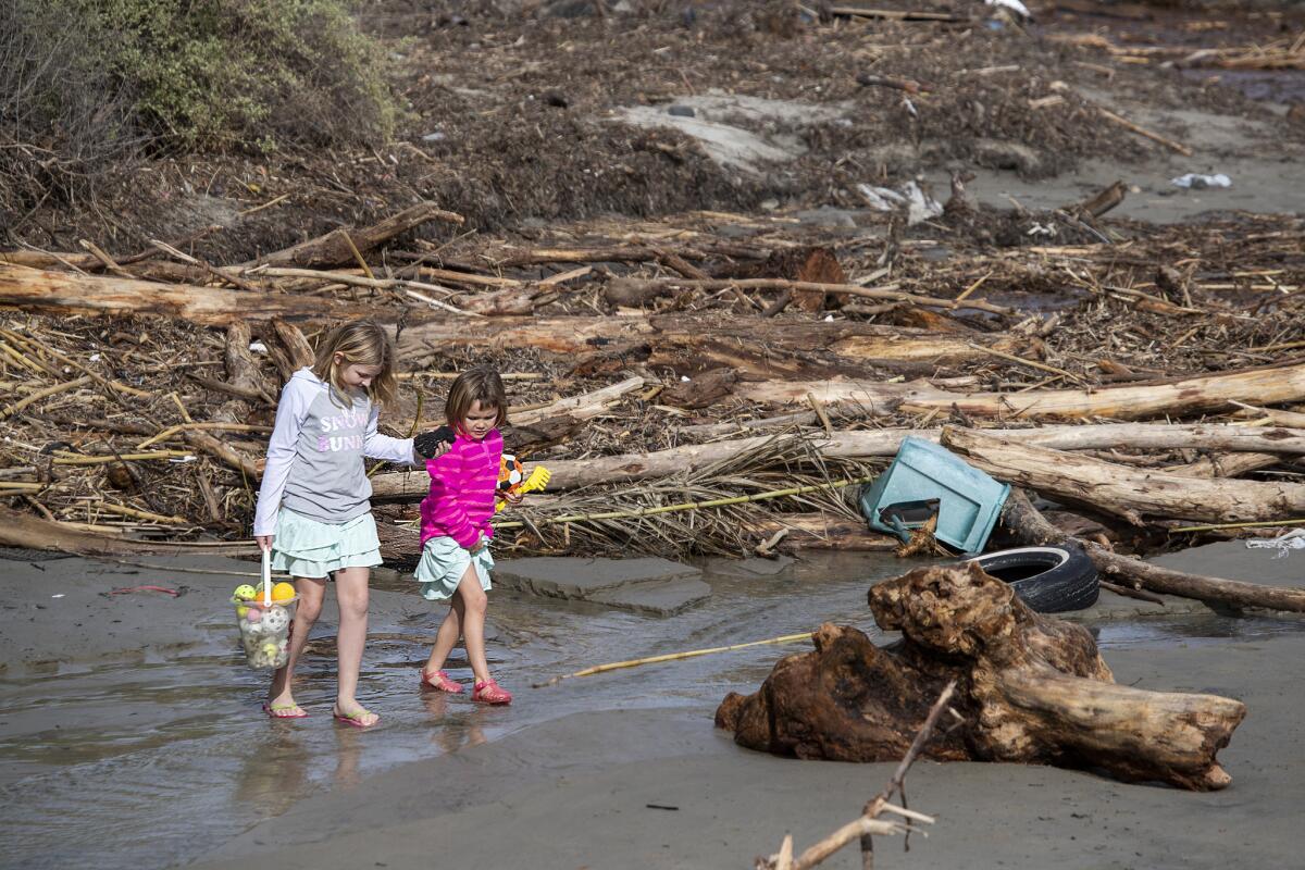 Kids gather treasures as they search among storm debris strewn along Doheny State Beach.