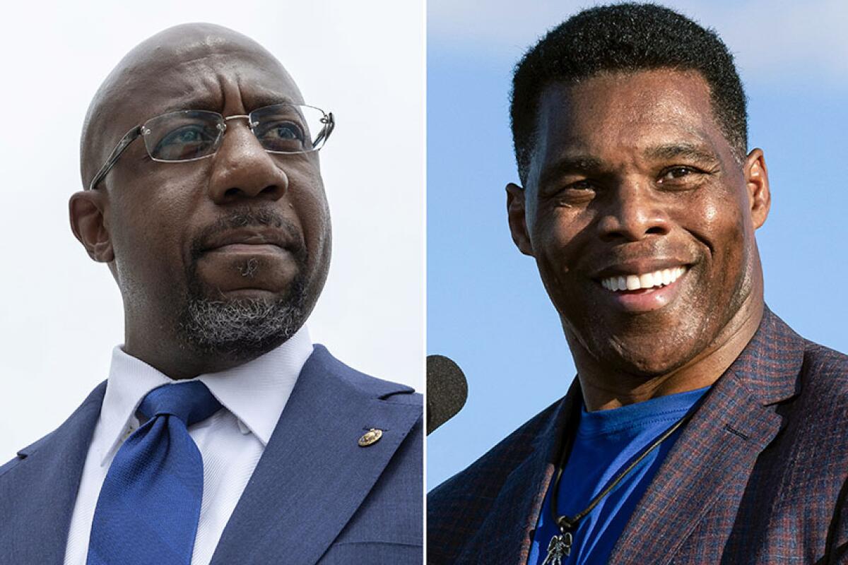 Close-ups of Sen. Raphael Warnock and Herschel Walker