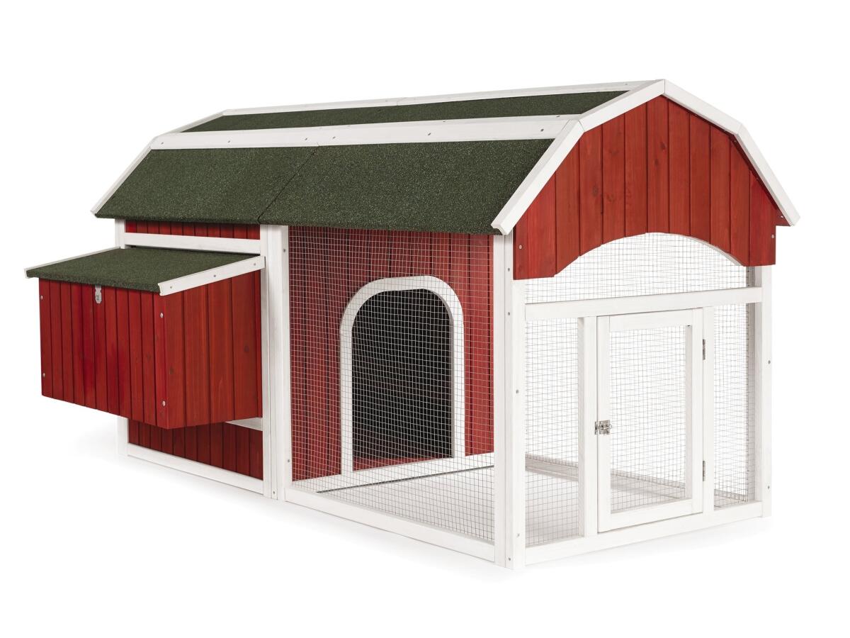 Consider it the Brentwood Country Mart for your little flock. Compact enough for the urban farmer, the Prevue Pet Red Barn Chicken Coop 465 will house four to six hens with a ventilated roosting area and protected outdoor run. $319 at www.petsmart.com.