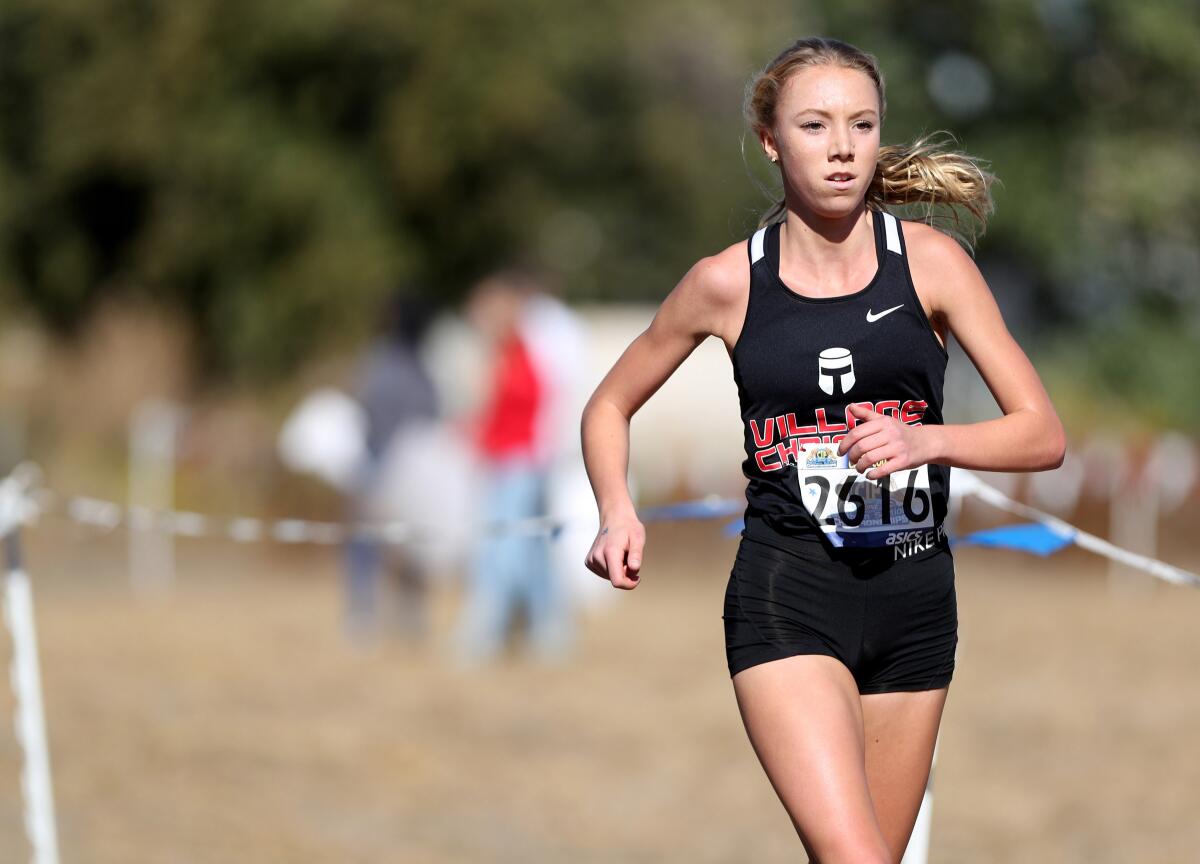Village Christian junior and La Crescenta resident Mia Barnett won the girls division 5 CIF Southern Section Cross Country Finals, at Riverside City Cross-Country Course in Riverside on Saturday, Nov. 23, 2019.