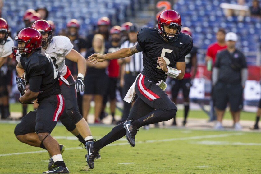 SAN DIEGO, August 19th, 2017 | 2017 Aztec Fanfest and Scrimmage for the upcoming SDSU Football season. SDSU quarterback Mark Salazar hands off in the third quarter. Chadd Cady for The San Diego Union-Tribune