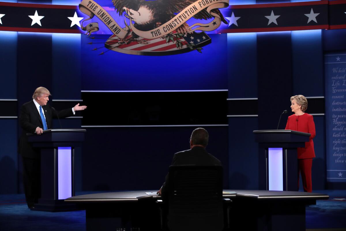 Donald Trump and Hillary Clinton onstage at Hofstra University.