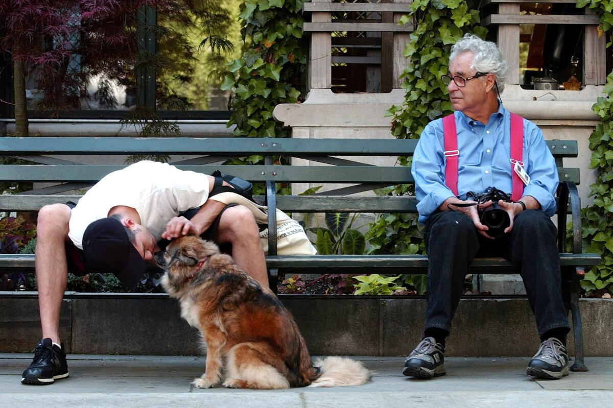 Elliot Erwit, an older white man in a button-down shirt and suspenders, sits on a bench and observes a man with a dog