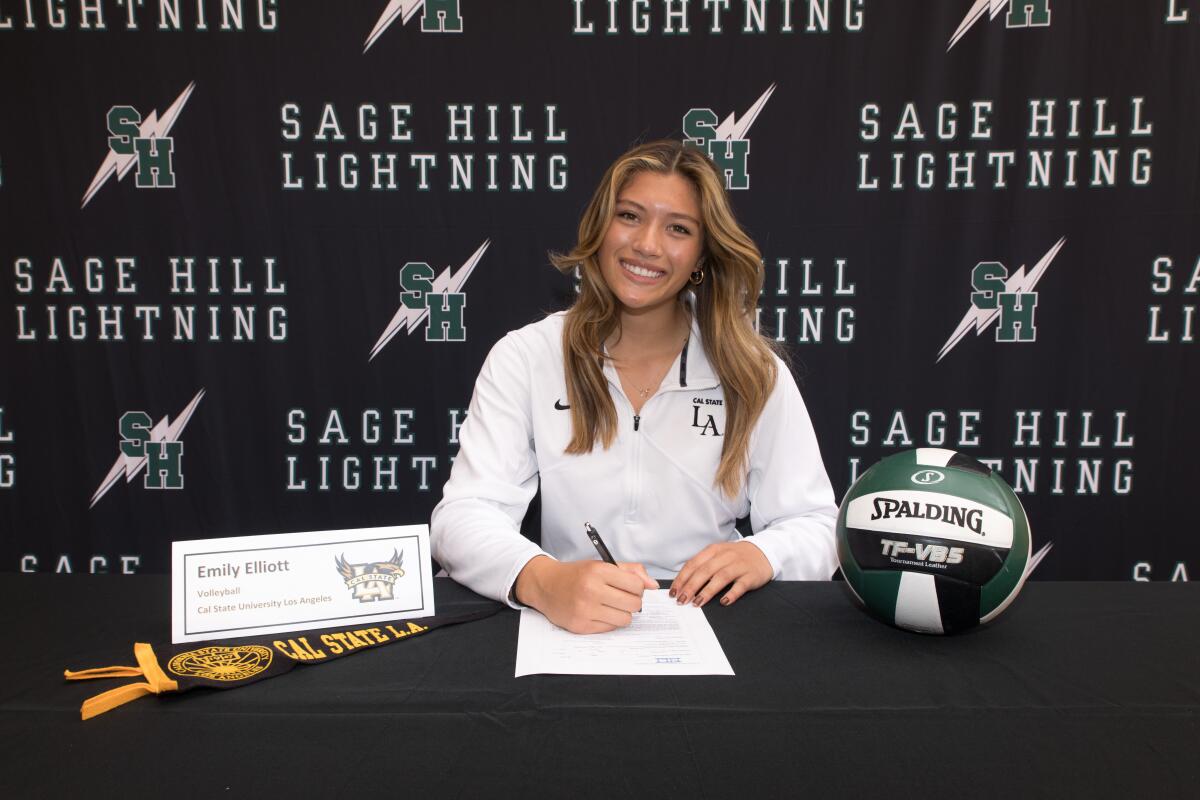 Sage Hill's Emily Elliott signs a national letter of intent to join the Cal State Los Angeles women's volleyball program.
