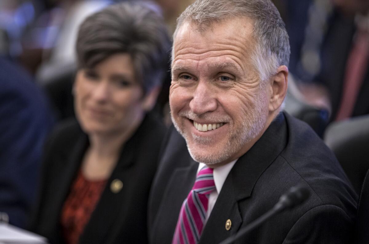 Sen. Thom Tillis (R-N.C.), shown in Washington last month, was one of 11 Republicans on the Senate Judiciary Committee pledging not to hold a hearing on any Supreme Court nominee Obama sends their way.