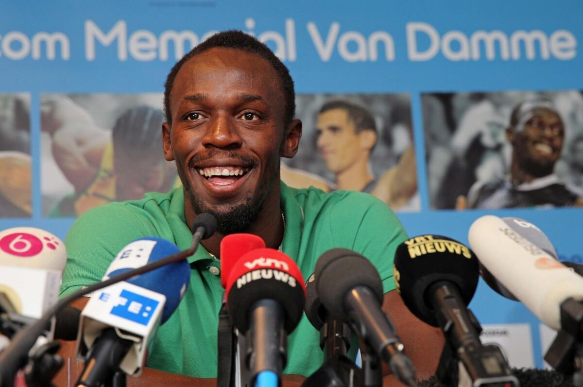Jamaican sprinter Usain Bolt addresses the media at the Sheraton hotel in Brussels on Wednesday ahead of the Van Damme Memorial on Friday.