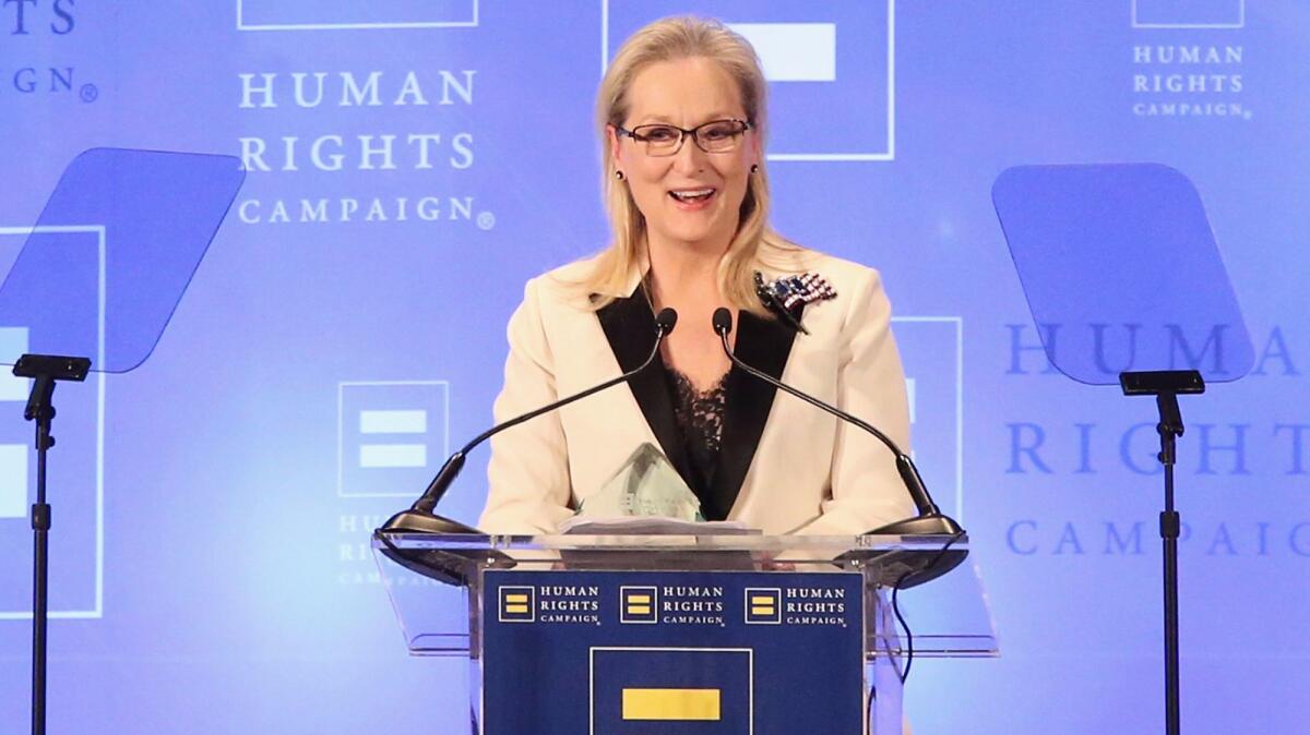 Meryl Streep speaks about President Trump during the Human Rights Campaign Greater New York Gala on Saturday in New York City.