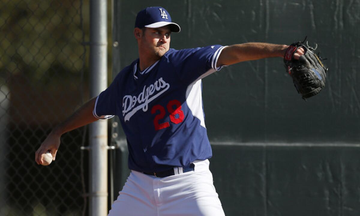 Dodgers pitcher Jamey Wright throws during a spring training practice session Feb. 10. Wright signed a one-year, $1.8-million contract with the Dodgers in December.