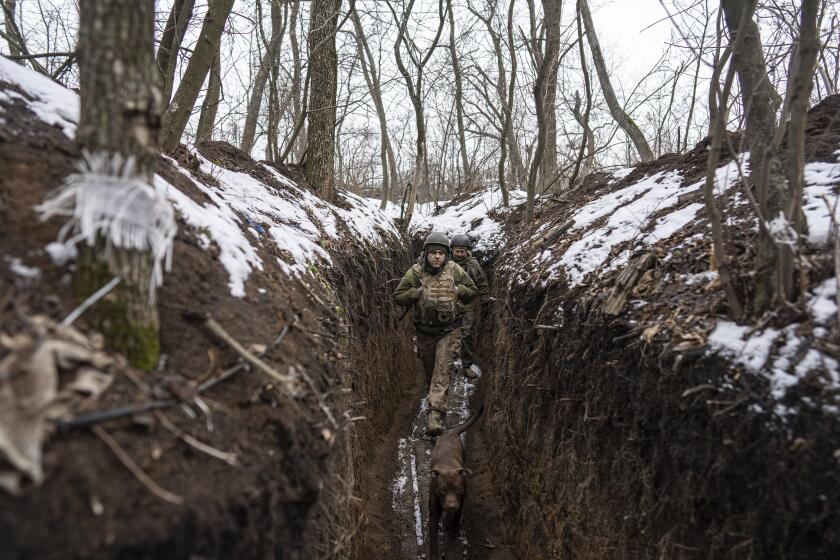 Two Ukrainian servicemen with a dog walk along a trench at the frontline positions near Zolote, Ukraine, Monday, Feb. 7, 2022. The buildup of over 100,000 Russian troops near Ukraine has fueled Western worries of a possible offensive. White House national security adviser Jake Sullivan warned Sunday that Russia could invade Ukraine "any day," triggering a conflict that would come at an "enormous human cost." (AP Photo/Evgeniy Maloletka)