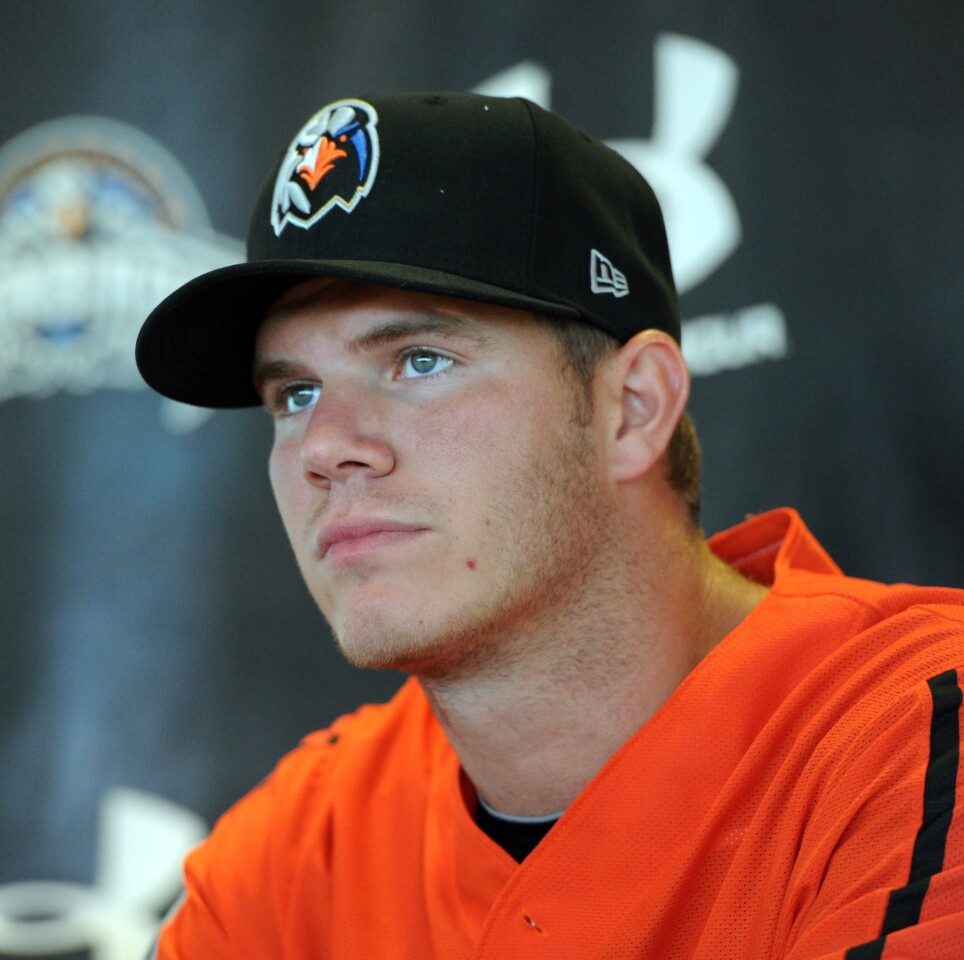 Orioles first round draft pick pitcher Dylan Bundy speaks with members of the media about his rehab assignment in Aberdeen during a press conference Thursday morning at Ripken Stadium