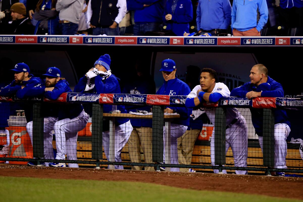 The Kansas City Royals look on during Game 1 of the 2014 World Series at Kauffman Stadium. A Kansas City news station suggested a dead body might be more interesting than the Royals' 7-1 loss to San Francisco.