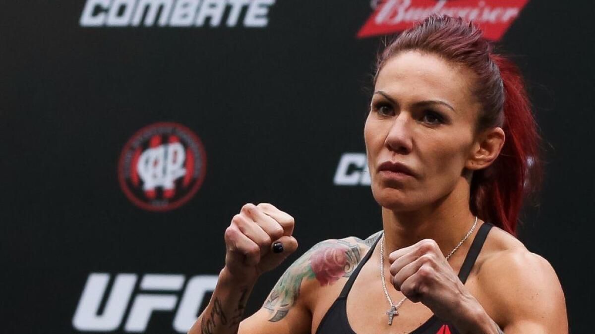 Cris "Cyborg" Santos is seen during the weigh-in for UFC 198 on May 13.