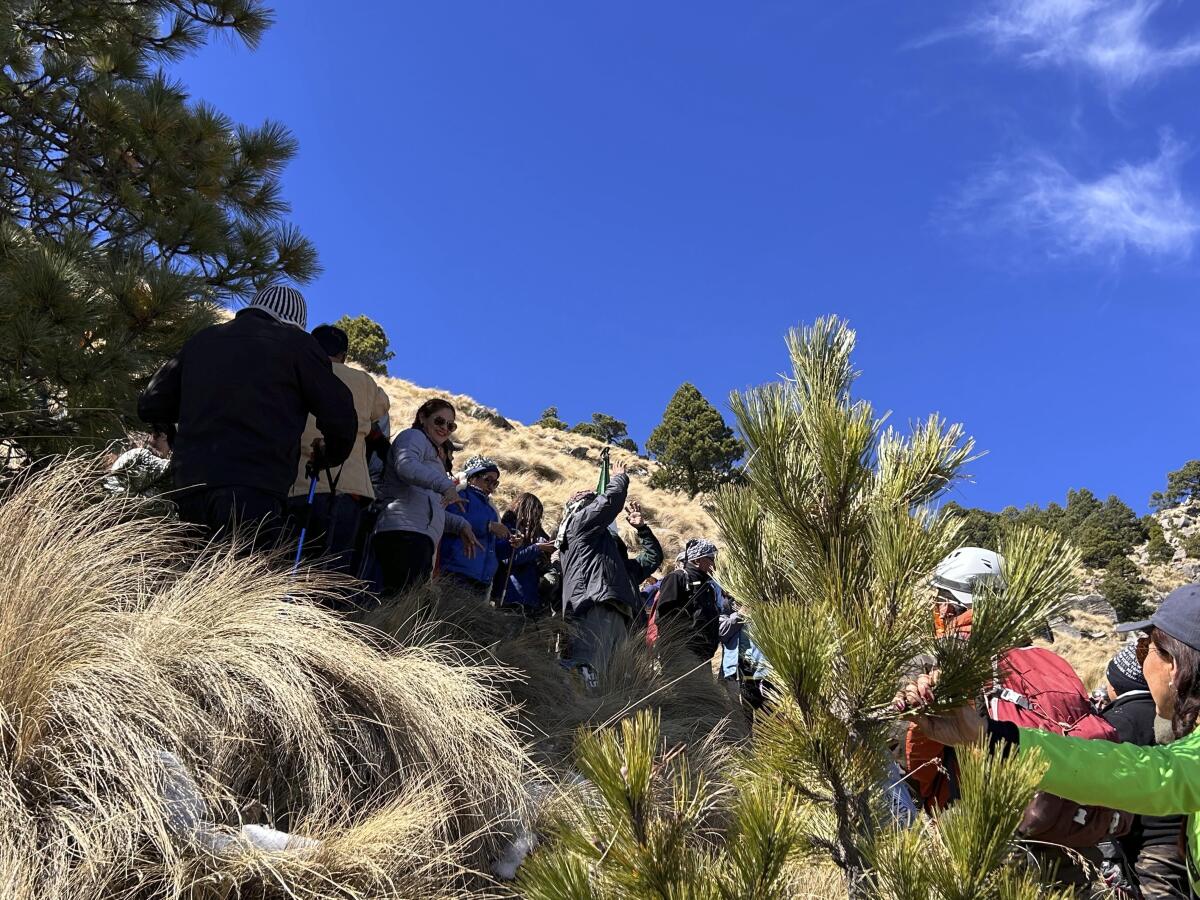 Mariana Garca Lpez (tercera por la izquierda, con gafas de sol), en el volcn La Malinche durante su coronacin como "Reina de las montaas", en la reunin anual del club de escalada, en Mxico, el 25 de febrero de 2024. (AP Foto/India Grant)