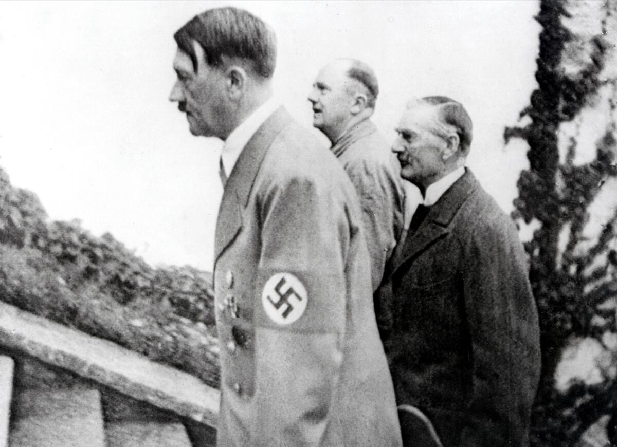 Adolf Hitler and British Prime minister Neville Chamberlain during one of their meetings in the late 1930s. On September 30, 1938 Chamberlain and a number of other European heads of state signed an agreement which permitted German annexation of the Sudetenland in western Czechoslovakia.