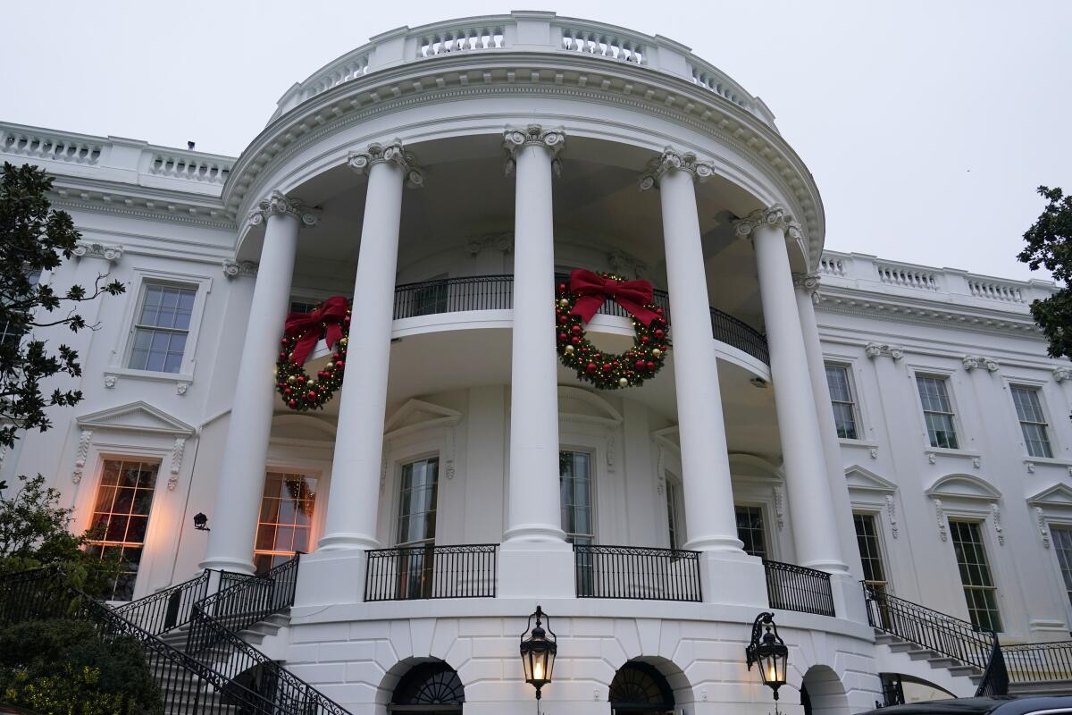 Wreaths hang on the Truman Balcony of the White House