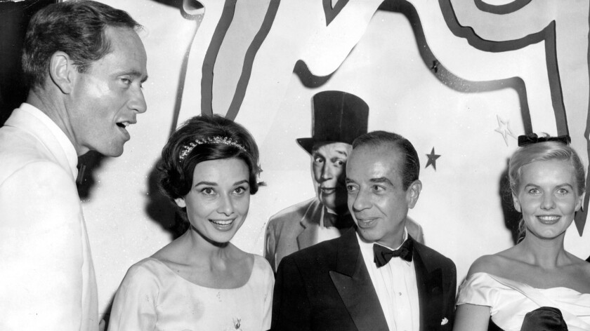 Mel Ferrer, left, Audrey Hepburn, Vincente Minnelli and Patricia Cutts at opening night of "Gigi."