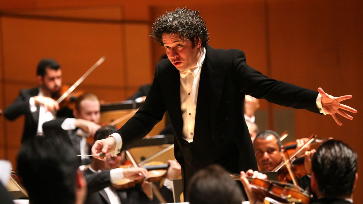 Gustavo Dudamel conducts the Simon Bolivar Symphony Orchestra of Venezuela at the Walt Disney Concert Hall on October 2, 2015.
