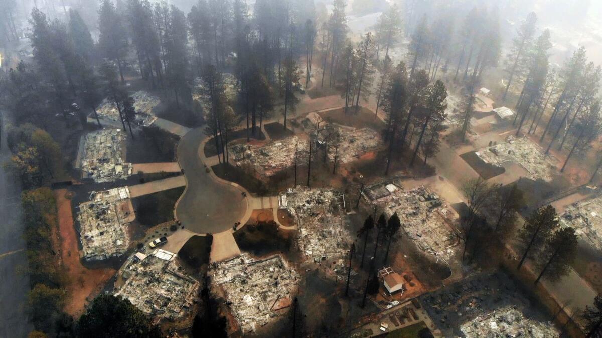 An aerial view of a cul-de-sac in Paradise, Calif., on Nov. 15 shows the wreckage of homes after the Camp fire swept through.