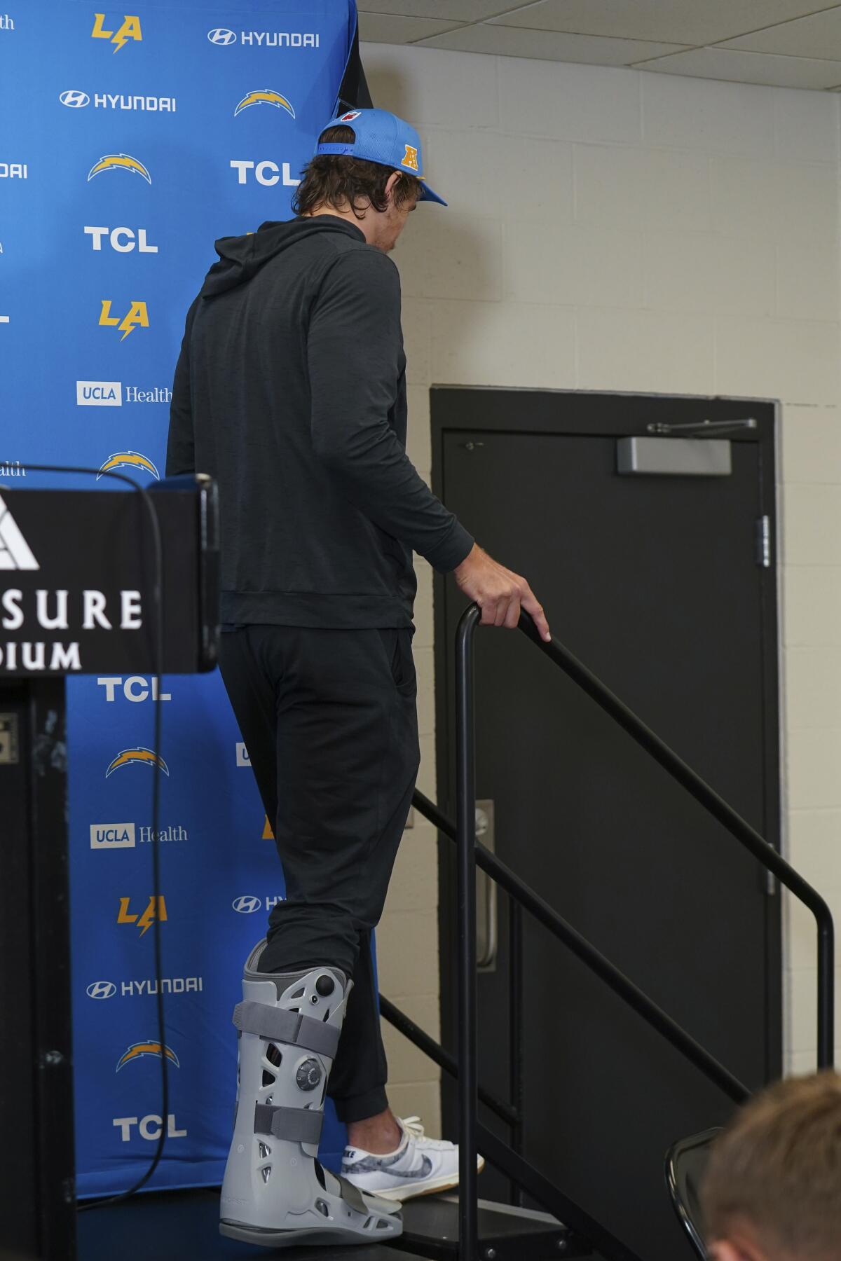 Chargers might be minus Justin Herbert, Joey Bosa and beginning tackles for Chiefs 1 Chargers quarterback Justin Herbert wears a walking boot after a news conference following a loss to the Steelers.