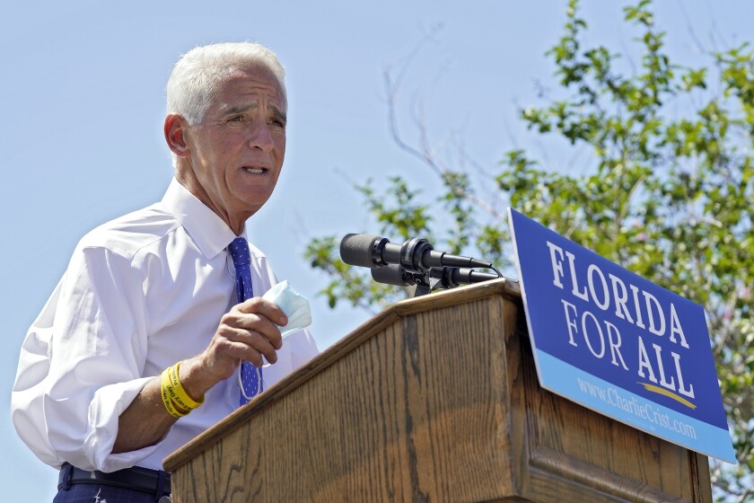 U.S. Rep. Charlie Crist, D-St. Petersburg, gestures during a campaign rally as he announces his run for Florida governor Tuesday, May 4, 2021, in St. Petersburg, Fla. (AP Photo/Chris O'Meara)