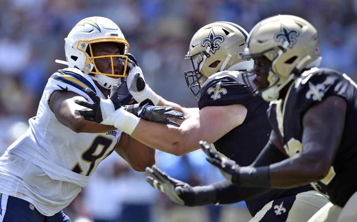 Chargers defensive tackle Jerry Tillery works against the Saints during the first half of a preseason game on Aug. 18.