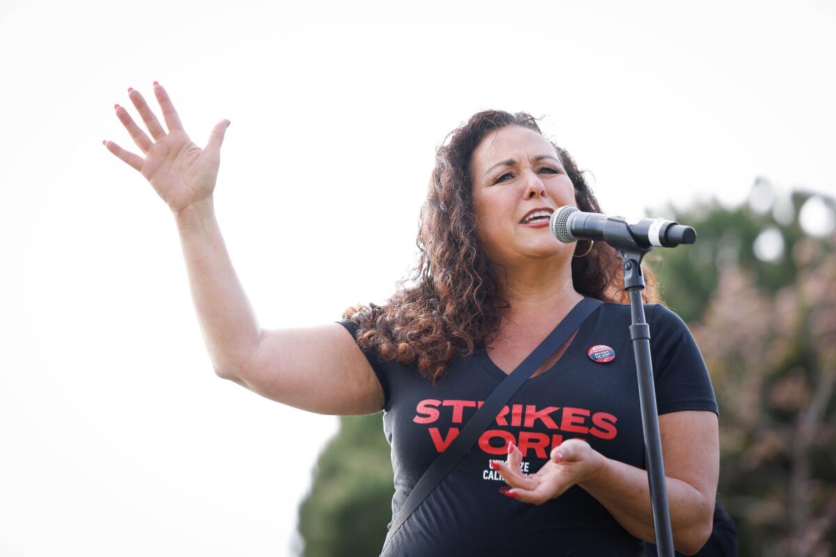 California Labor Federation leader Lorena Gonzalez speaks during a worker rally at San Diego Bayfront Park.